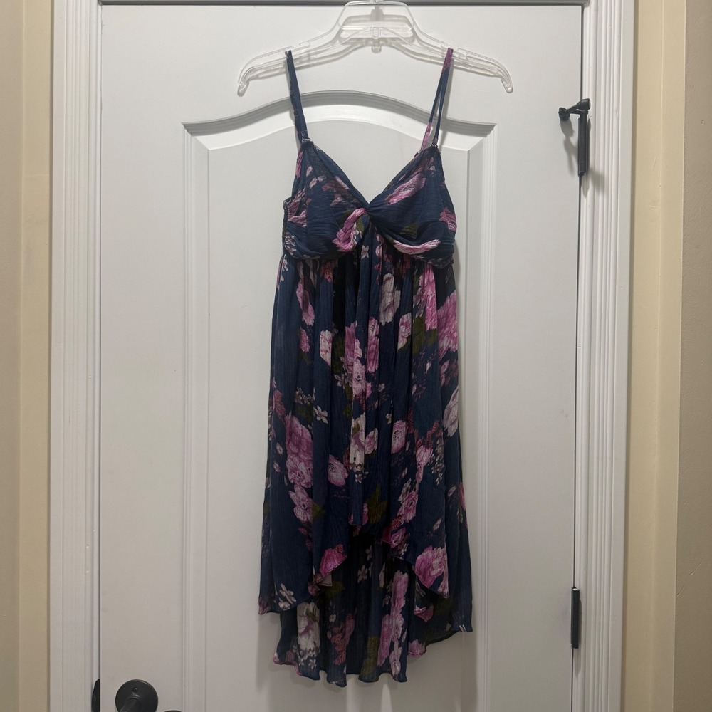 Free People Floral High-Low Dress Navy Pink Twisted Sweetheart Smocked Back sz M